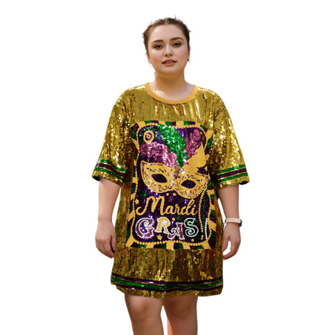 Fleur de Mardi Gras Sequined Gold Dress - Mardi Gras Apparel - Adult, Back Design, Dress - Dress