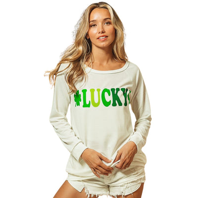 French Terry Knit Lucky Graphic Pullover Top - Mardi Gras Apparel