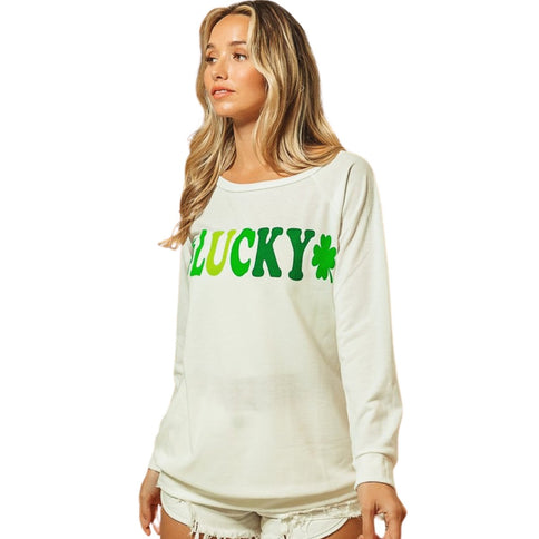 French Terry Knit Lucky Graphic Pullover Top - Mardi Gras Apparel - Adult, Green, Ladies - 