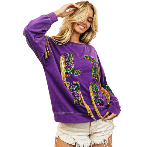 Fringed Mardi Gras Boots Sequin Pullover - Mardi Gras Apparel - Adult, Front Design, Gold - 