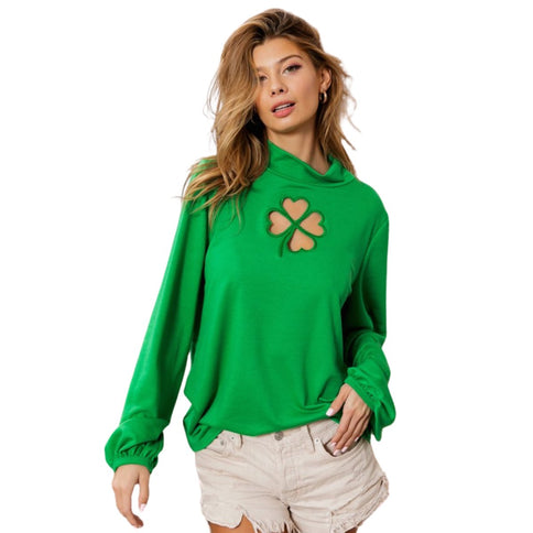 Ft Front Clover Cut Out Mock Neck Puff Sleeves Top - Mardi Gras Apparel - Adult, Green, Ladies - 