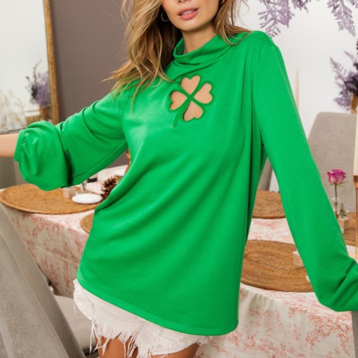 Ft Front Clover Cut Out Mock Neck Puff Sleeves Top - Mardi Gras Apparel