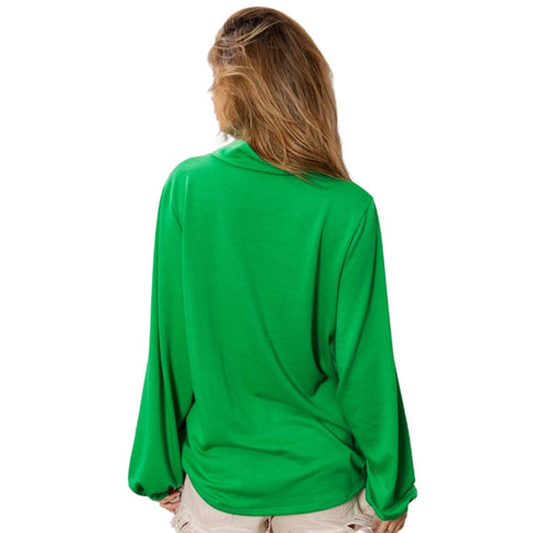 Ft Front Clover Cut Out Mock Neck Puff Sleeves Top - Mardi Gras Apparel - Adult, Green, Ladies - 