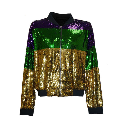 Gold, Green, & Gold Sequenced Mardi Gras 3 Paneled Jacket w/Black Trim - Mardi Gras Apparel - Adult, Gold, Green - Sequin Jacket