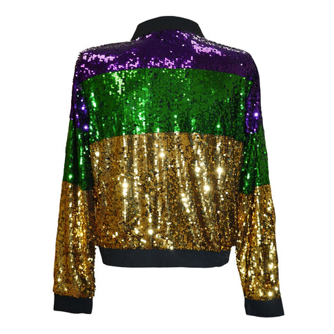 Gold, Green, & Gold Sequenced Mardi Gras 3 Paneled Jacket w/Black Trim - Mardi Gras Apparel - Adult, Gold, Green - Sequin Jacket