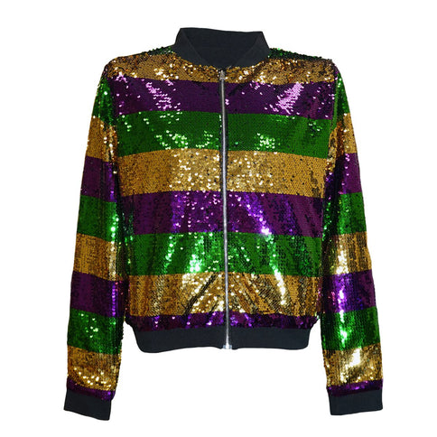 Gold, Purple & Green Sequenced Mardi Gras Striped Jacket w/Black Trim - Mardi Gras Apparel - Adult, Gold, Green - Sequin Jacket