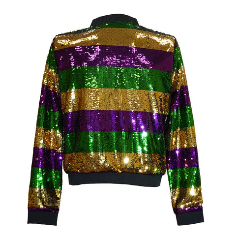 Gold, Purple & Green Sequenced Mardi Gras Striped Jacket w/Black Trim - Mardi Gras Apparel - Adult, Gold, Green - Sequin Jacket