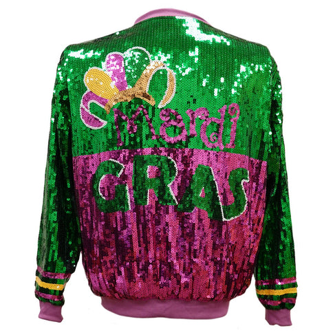 Green, Pink, & Yellow Sequenced Mardi Gras Comedy/Tragedy Jacket w/Pink Trim - Mardi Gras Apparel - Adult, Green, Ladies - Sequin Jacket