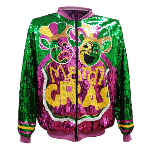 Green, Pink, & Yellow Sequenced Mardi Gras Comedy/Tragedy Jacket w/Pink Trim - Mardi Gras Apparel - Adult, Green, Ladies - Sequin Jacket