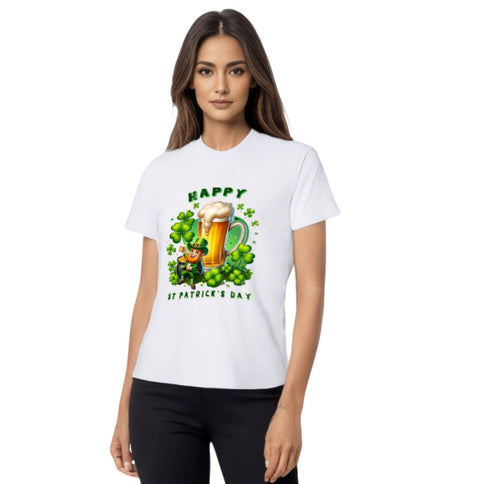 Happy St. Patrick's Day Leprechaun & Shamrock T-Shirt - Mardi Gras Apparel - 100% Cotton, Adult, Front Design - 