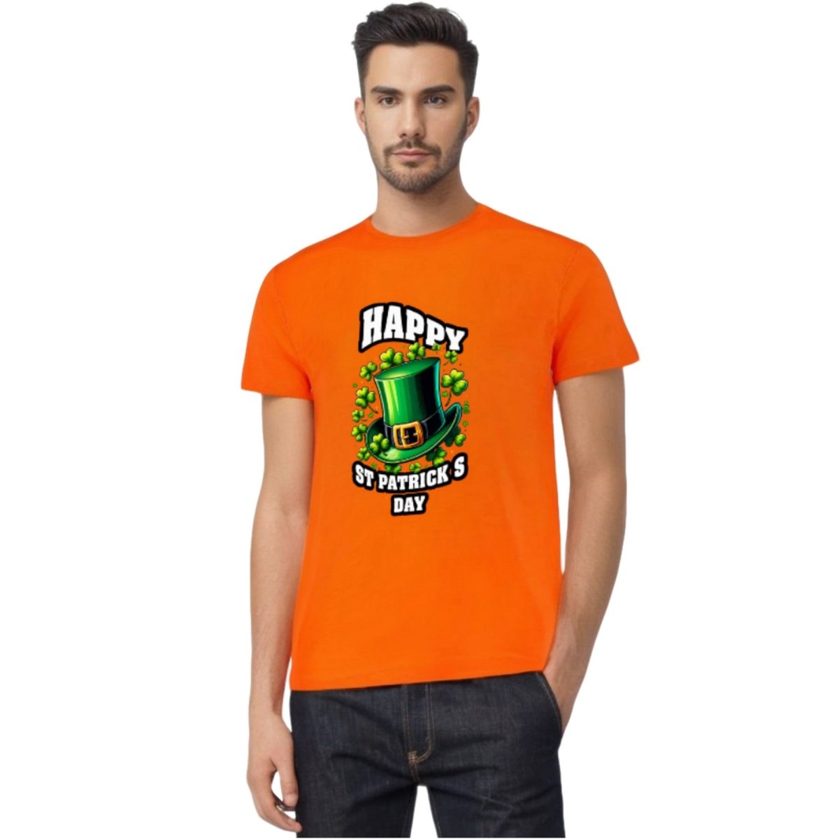 Happy St. Patrick's Day" Orange T-Shirt with Top Hat Design - Mardi Gras Apparel