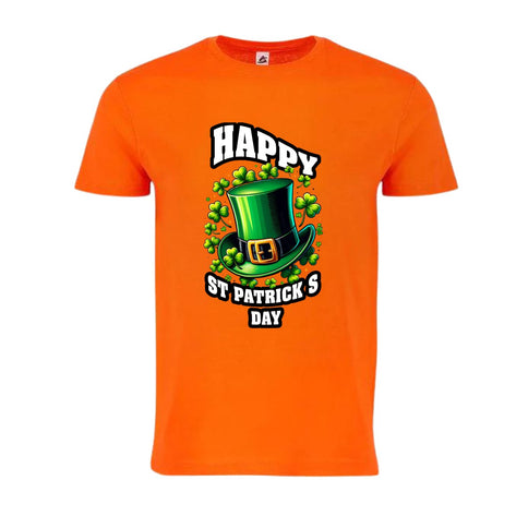 Happy St. Patrick's Day" Orange T-Shirt with Top Hat Design - Mardi Gras Apparel - 100% Cotton, Adult, Front Design - 