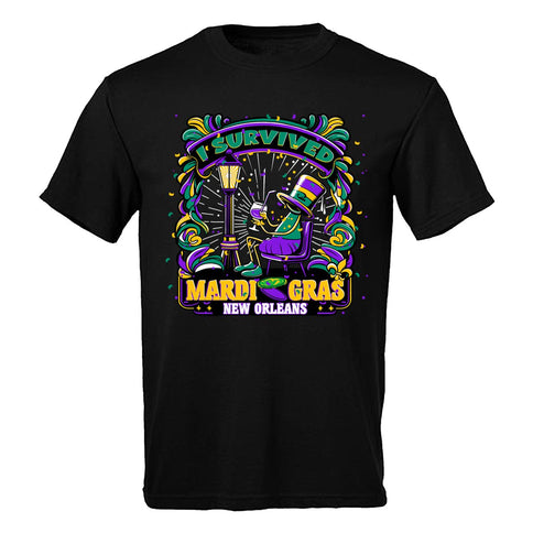 I Survived Mardi Gras Drunk Guy T-shirt Black - Mardi Gras Apparel - 100% Cotton, 3 for 10, Adult - Tee - Shirt