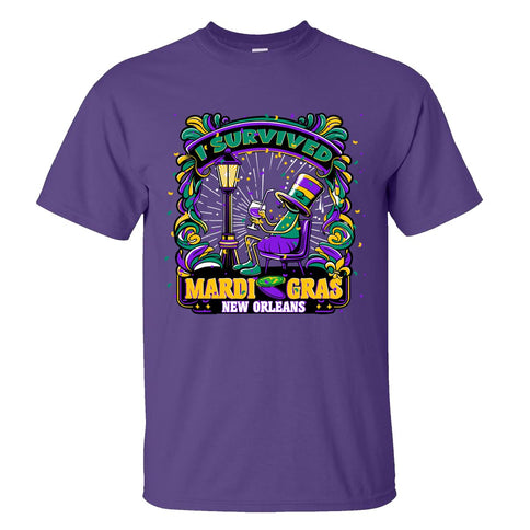 I Survived Mardi Gras Drunk Guy T-shirt Purple - Mardi Gras Apparel - 100% Cotton, 3 for 10, Adult - Tee - Shirt