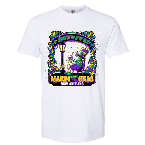 I Survived Mardi Gras Drunk Guy T-shirt White - Mardi Gras Apparel - 3 for 10, Adult, Crew Neck - Tee - Shirt