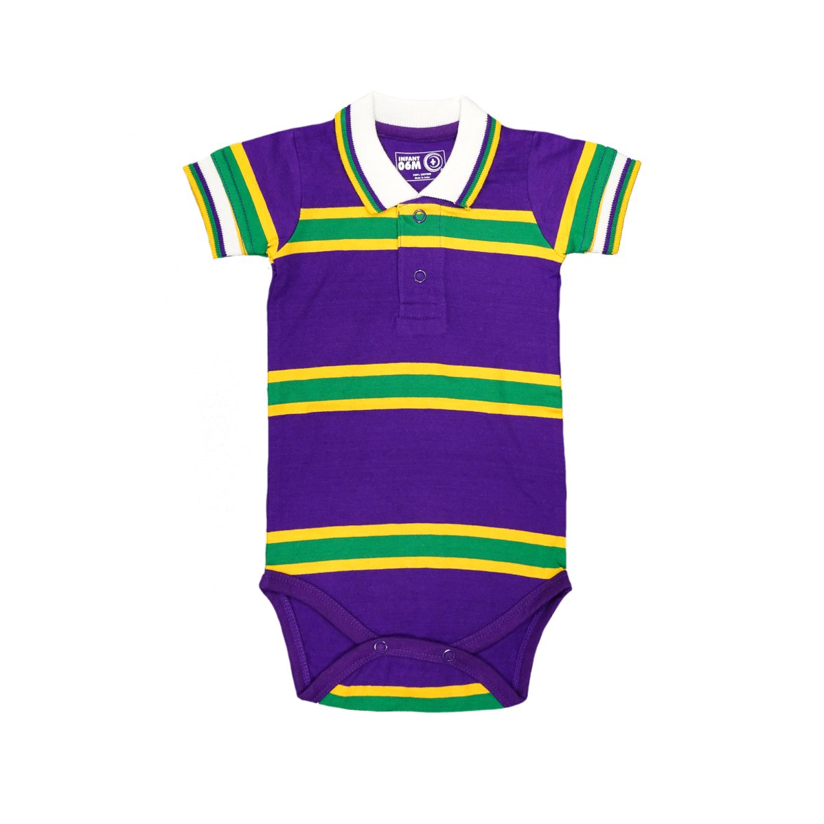 Infants Unisex Purple, Yellow, & Green Striped Mardi Gras Onesie Polo - Mardi Gras Striped Onesie, Unisex Infant Polo, Purple Yellow Green Baby Outfit, Mardi Gras Baby Fashion - Mardi Gras Apparel