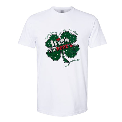 "Irish at Heart" White St. Patrick's Day T-Shirt with Clover and Phrases - Mardi Gras Apparel