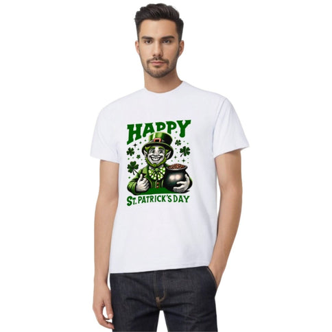 Joyful Leprechaun with Pot of Gold St. Patrick's Day T-Shirt - Mardi Gras Apparel - 100% Cotton, Adult, Front Design - 