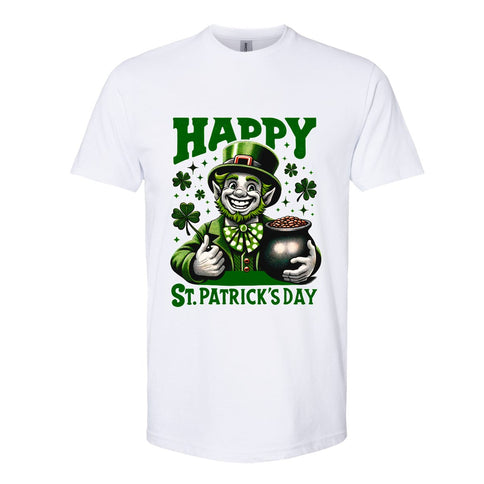 Joyful Leprechaun with Pot of Gold St. Patrick's Day T-Shirt - Mardi Gras Apparel - 100% Cotton, Adult, Front Design - 