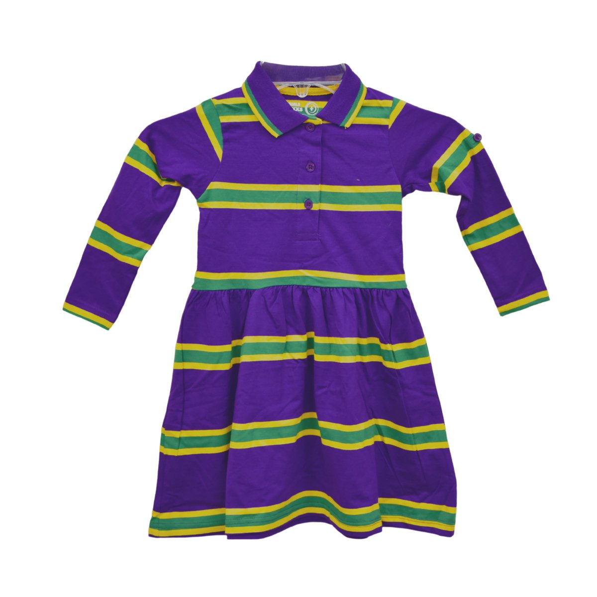 Kids Mardi Gras Girls Purple Dress with Yellow & Green Stripes - Mardi Gras Apparel