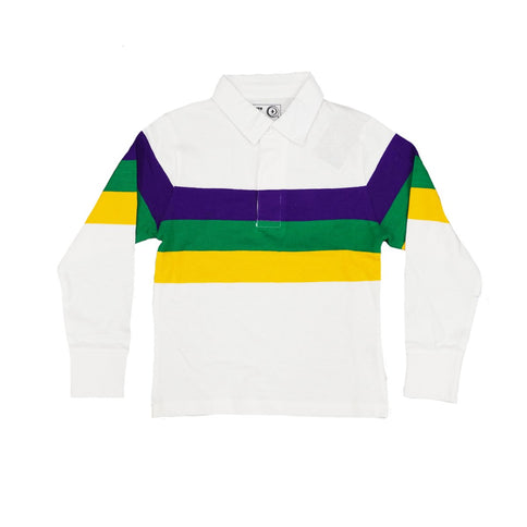 Kids Unisex 3 Panel Long Sleeve Mardi Gras Rugby Polo White - Mardi Gras Apparel - 100% Cotton, Button Up, Children - Long Sleeve Rugby Polo