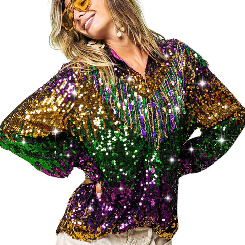 Ladies Fringe Mardi Gras Sequin Top - Mardi Gras Apparel - Adult, Gold, Green - 