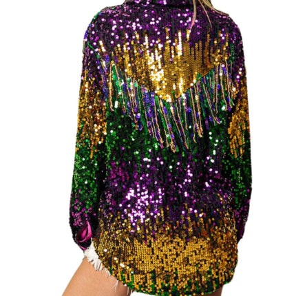 Ladies Fringe Mardi Gras Sequin Top - Mardi Gras Apparel - Adult, Gold, Green - 