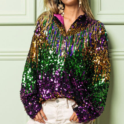 Ladies Fringe Mardi Gras Sequin Top - Mardi Gras Apparel - Adult, Gold, Green - 