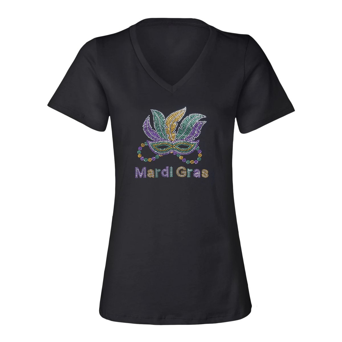 Ladies Gold Fleur De Les and Mask Rhinestone V-Neck Tee-shirt - Mardi Gras Apparel