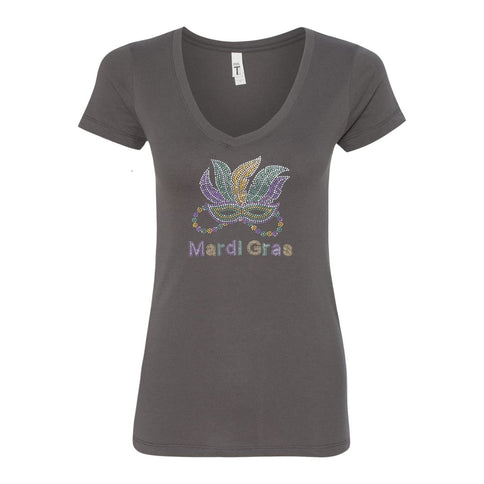 Ladies Gold Fleur De Les and Mask Rhinestone V - Neck Tee - shirt - Mardi Gras Apparel - 100% Cotton, Adult, Black - Rhinestone Tee - Shirt