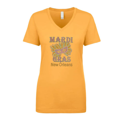 Ladies Mardi Gras and Mask Rhinestone V - Neck - Mardi Gras Apparel - 100% Cotton, Adult, Black - Rhinestone Tee - Shirt