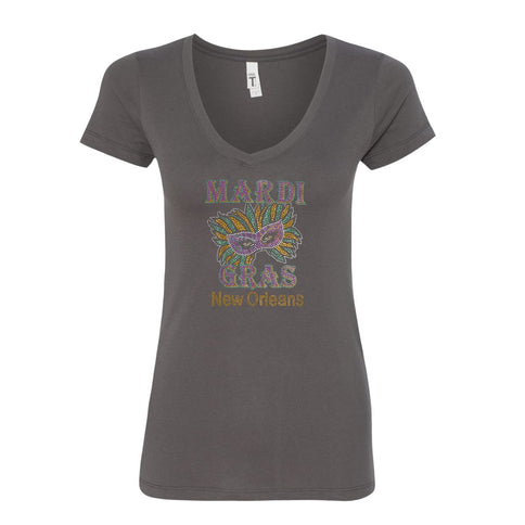 Ladies Mardi Gras and Mask Rhinestone V - Neck - Mardi Gras Apparel - 100% Cotton, Adult, Black - Rhinestone Tee - Shirt