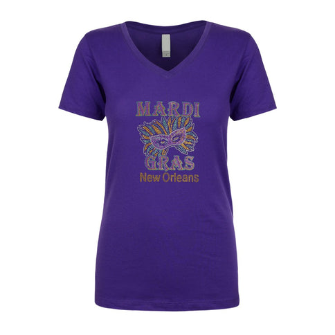 Ladies Mardi Gras and Mask Rhinestone V - Neck - Mardi Gras Apparel - 100% Cotton, Adult, Black - Rhinestone Tee - Shirt