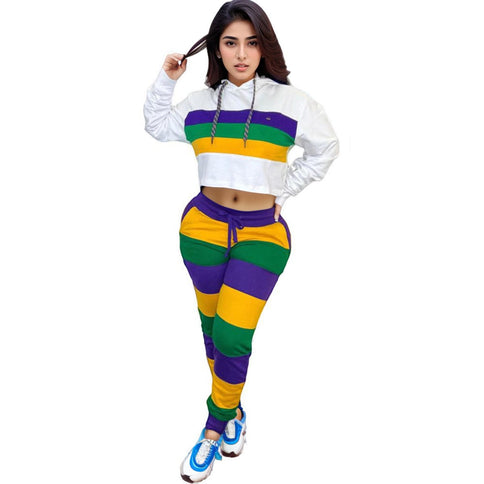 Ladies Mardi Gras Chic Crop Hoodie & Striped Jogger Set - Mardi Gras Apparel - Adult, Gold, Green - 