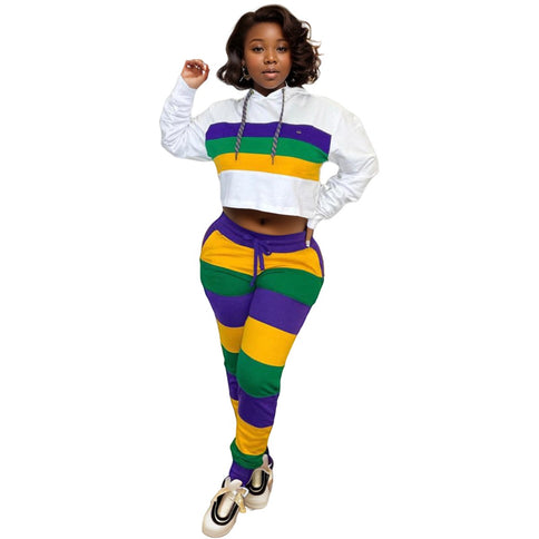 Ladies Mardi Gras Chic Crop Hoodie & Striped Jogger Set - Mardi Gras Apparel - Adult, Gold, Green - 