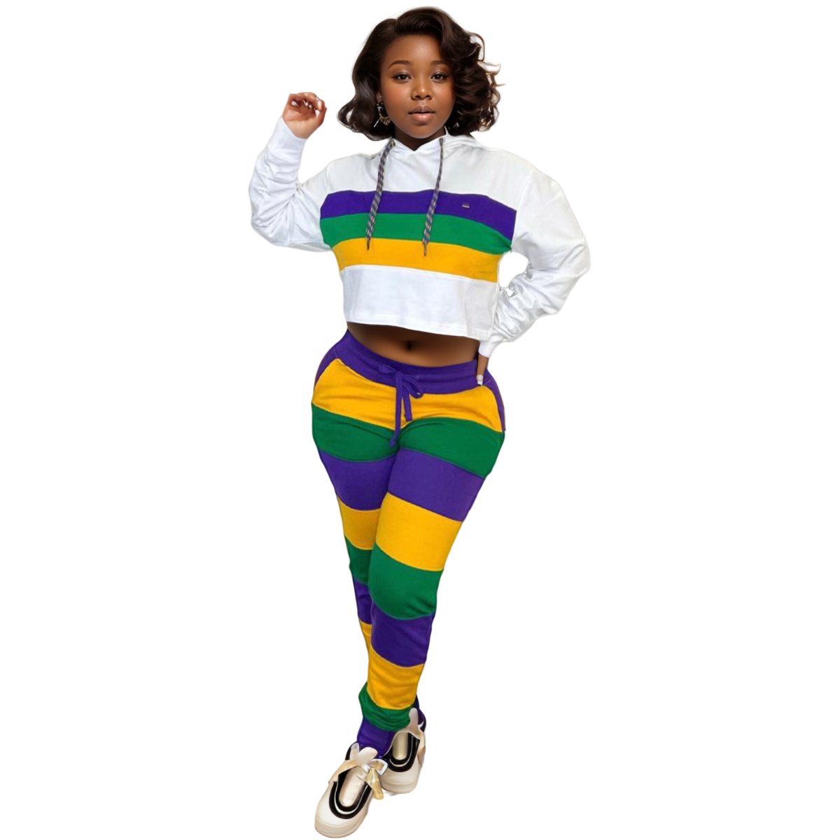 Ladies Mardi Gras Chic Crop Hoodie & Striped Jogger Set - Mardi Gras Apparel