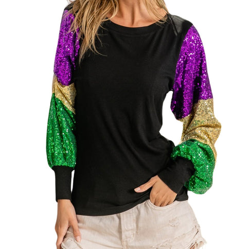 Ladies Mardi Gras Color Block Sequins Sleeve Black Knit Top - Mardi Gras Apparel - Adult, Black, Gold -