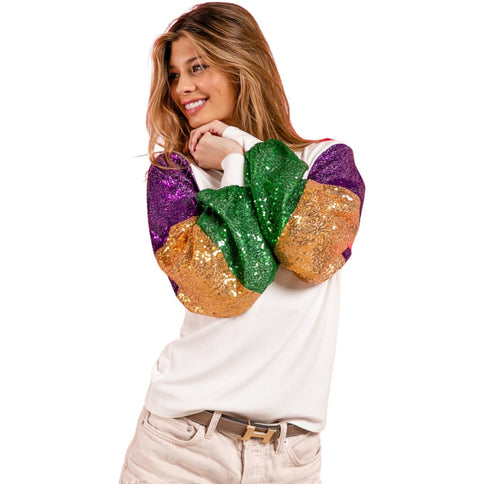 Ladies Mardi Gras Color Block Sequins Sleeve White Knit Top - Mardi Gras Apparel - Adult, Gold, Green -