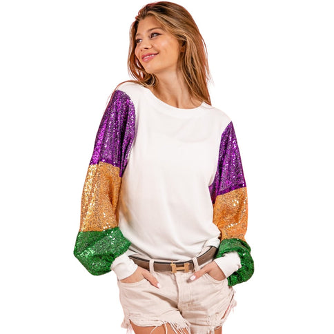 Ladies Mardi Gras Color Block Sequins Sleeve White Knit Top - Mardi Gras Apparel - Adult, Gold, Green -