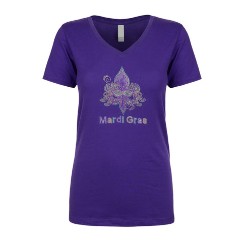 Ladies Mardi Gras Fleur De Lis Rhinestone V - Neck - Mardi Gras Apparel - 100% Cotton, Adult, Black - Rhinestone Tee - Shirt