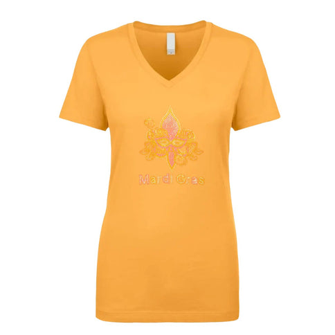 Ladies Mardi Gras Fleur De Lis Rhinestone V - Neck - Mardi Gras Apparel - 100% Cotton, Adult, Black - Rhinestone Tee - Shirt