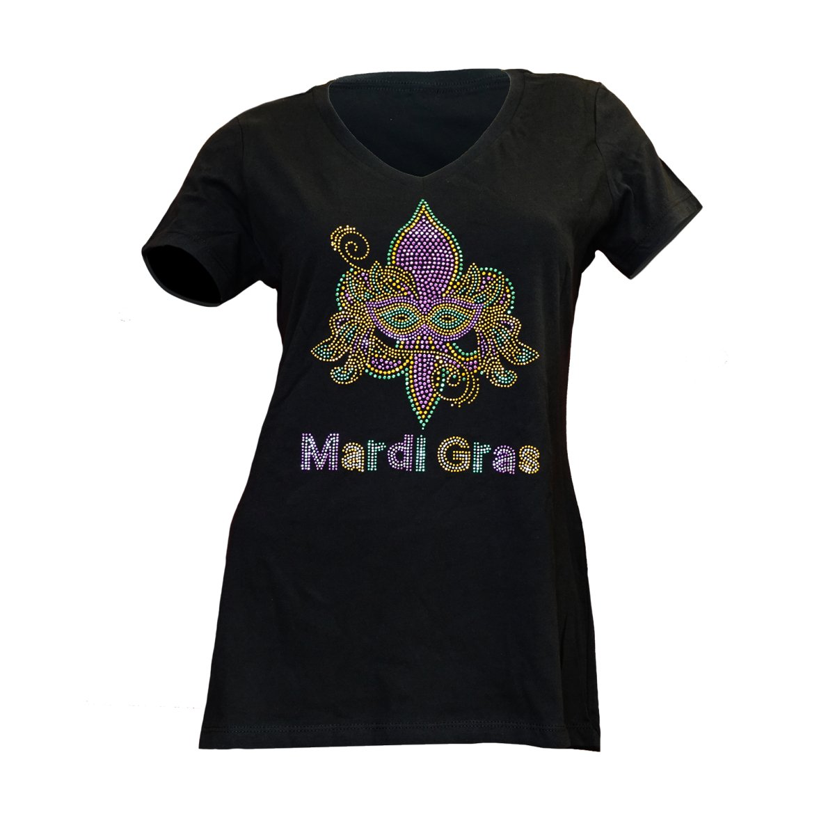 Ladies Mardi Gras Fleur De Lis V-Neck Rhinestone Tee-Shirt - Mardi Gras Apparel