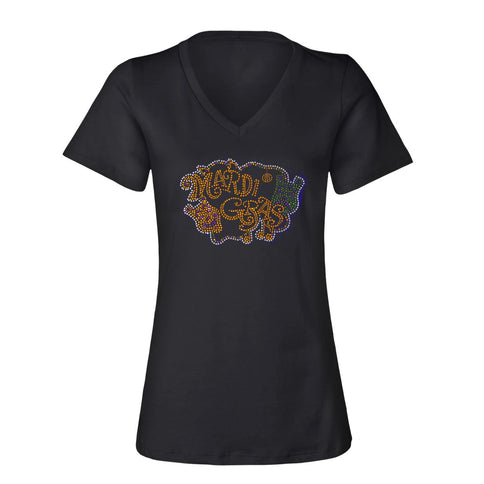 Ladies Mardi Gras Rhinestone V - Neck Tee - shirt - Mardi Gras Apparel - 100% Cotton, Adult, Black - Rhinestone Tee - Shirt