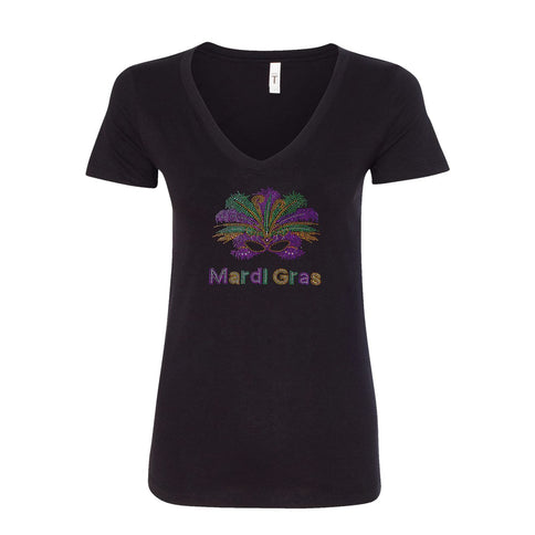 Ladies Mardi Gras Rhinestone V - Neck Tee - shirt - Mardi Gras Apparel - 100% Cotton, Adult, Black - Rhinestone Tee - Shirt