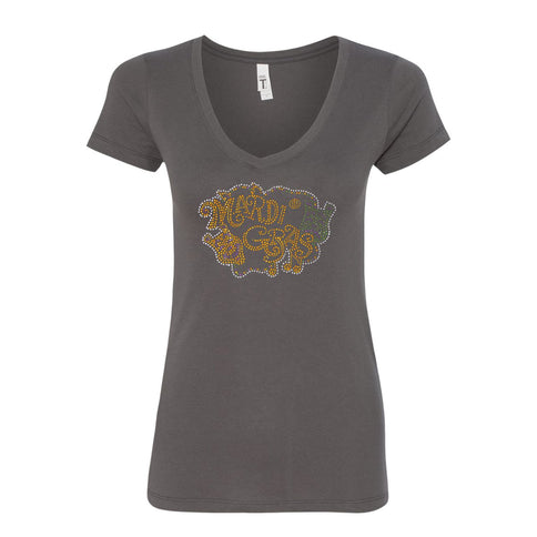 Ladies Mardi Gras Rhinestone V - Neck Tee - shirt - Mardi Gras Apparel - 100% Cotton, Adult, Black - Rhinestone Tee - Shirt