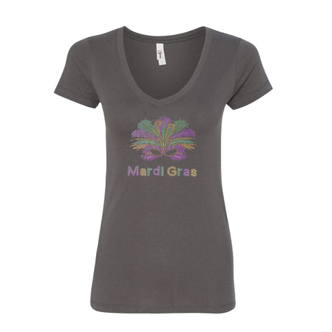 Ladies Mardi Gras Rhinestone V - Neck Tee - shirt - Mardi Gras Apparel - 100% Cotton, Adult, Black - Rhinestone Tee - Shirt