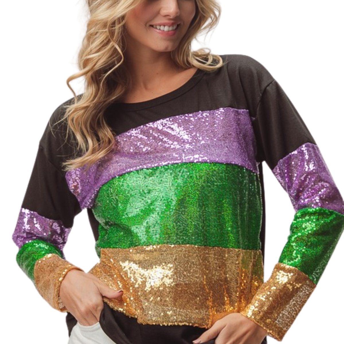 Ladies Mardi Gras Sequins Color block Long Sleeve Top Mardi Gras Apparel