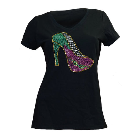 Ladies Mardi Gras Stiletto Rhinestone V - Neck Tee - Shirt - Mardi Gras Apparel - Adult, Black, Ladies - Rhinestone Tee - Shirt