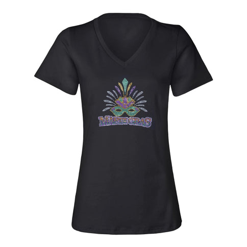 Ladies Mardi Gras V - Neck Rhinestone - Mardi Gras Apparel - 100% Cotton, Adult, Black - Rhinestone Tee - Shirt