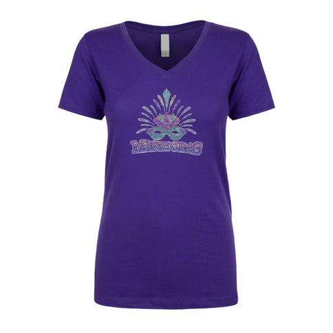 Ladies Mardi Gras V - Neck Rhinestone - Mardi Gras Apparel - 100% Cotton, Adult, Black - Rhinestone Tee - Shirt